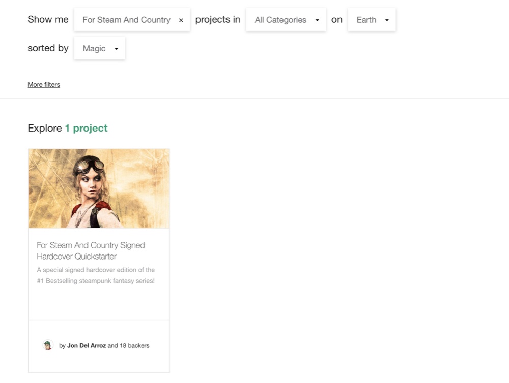 Searching for “For Steam And Country” on Kickstarter shows Del Arroz’s project as the sole result