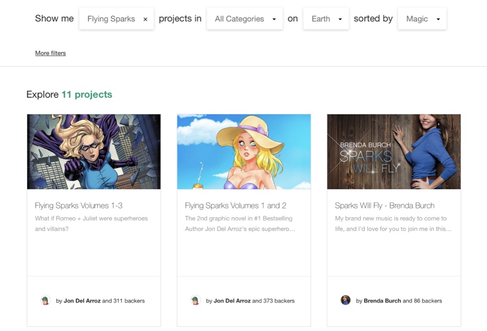 Searching for “Flying Sparks” on Kickstarter shows Del Arroz’s previous projects among the results