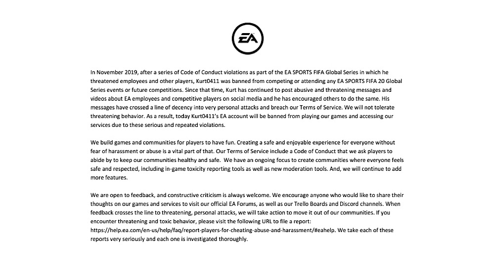 EA's statement accused Kurt of “posting abusive and threatening messages” on social media (Twitter - @EA)