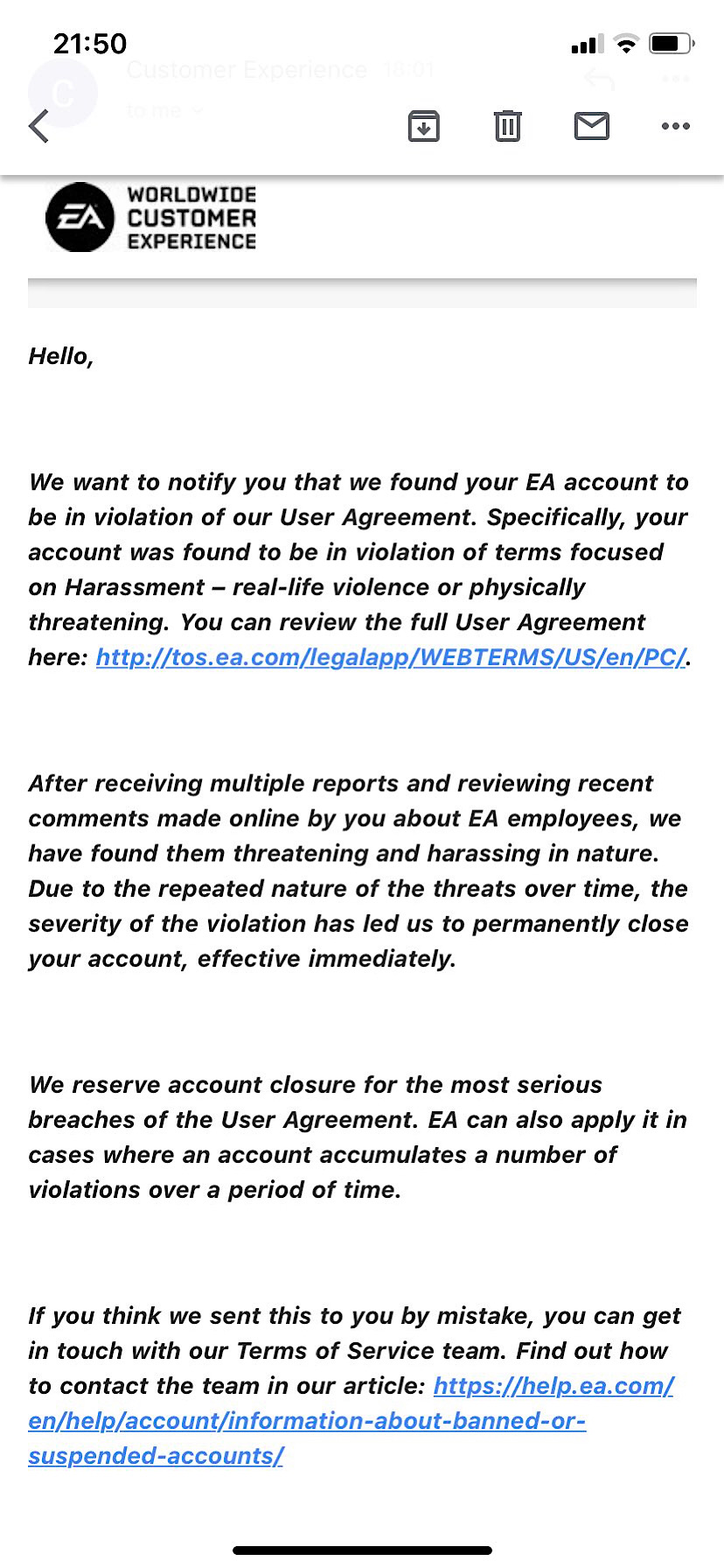 EA's email to Kurt accused him of violating EA's terms around “harassment - real life violence or physically threatening“ (Twitter - @Kurt0411Fifa)