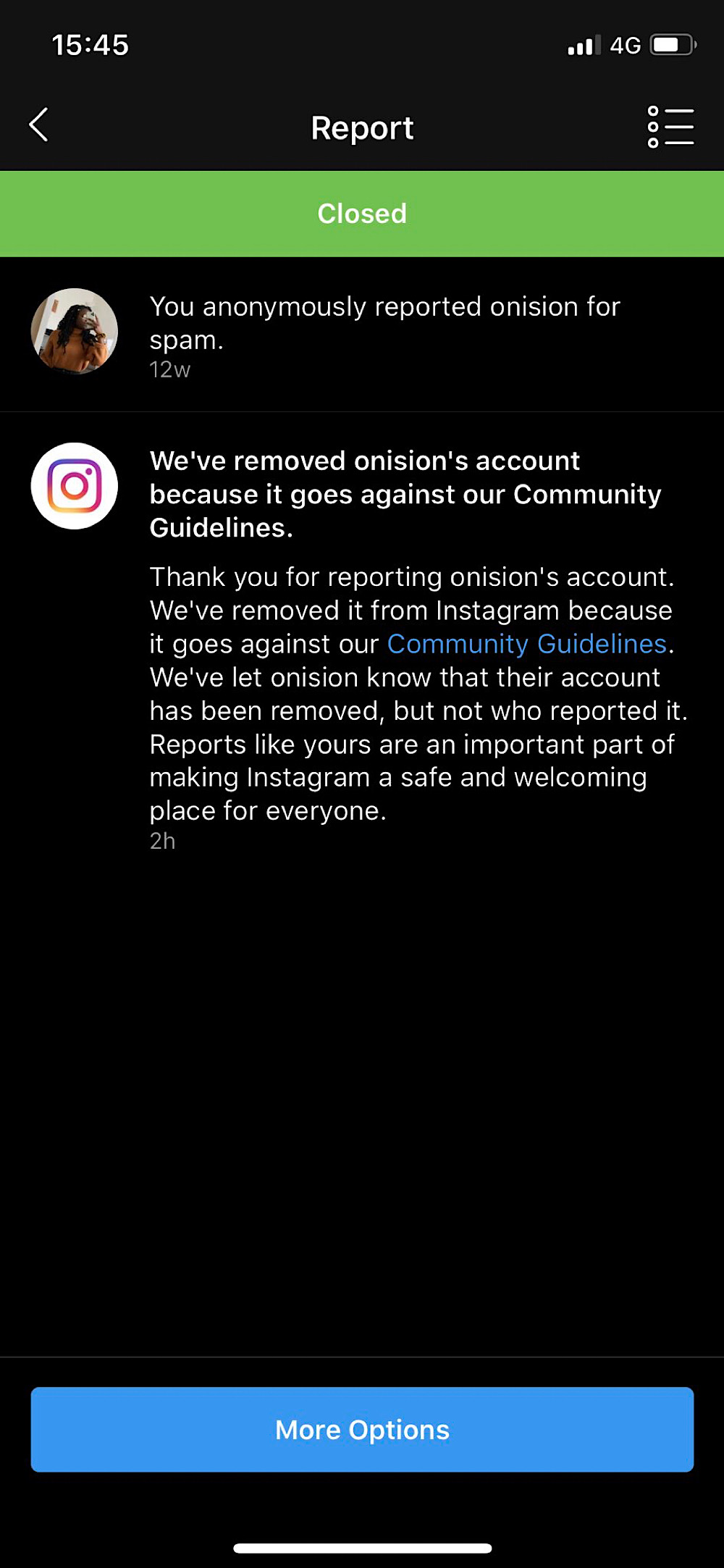Twitter user @seeoftrees_ claimed her report led to Onision's Instagram account being deleted