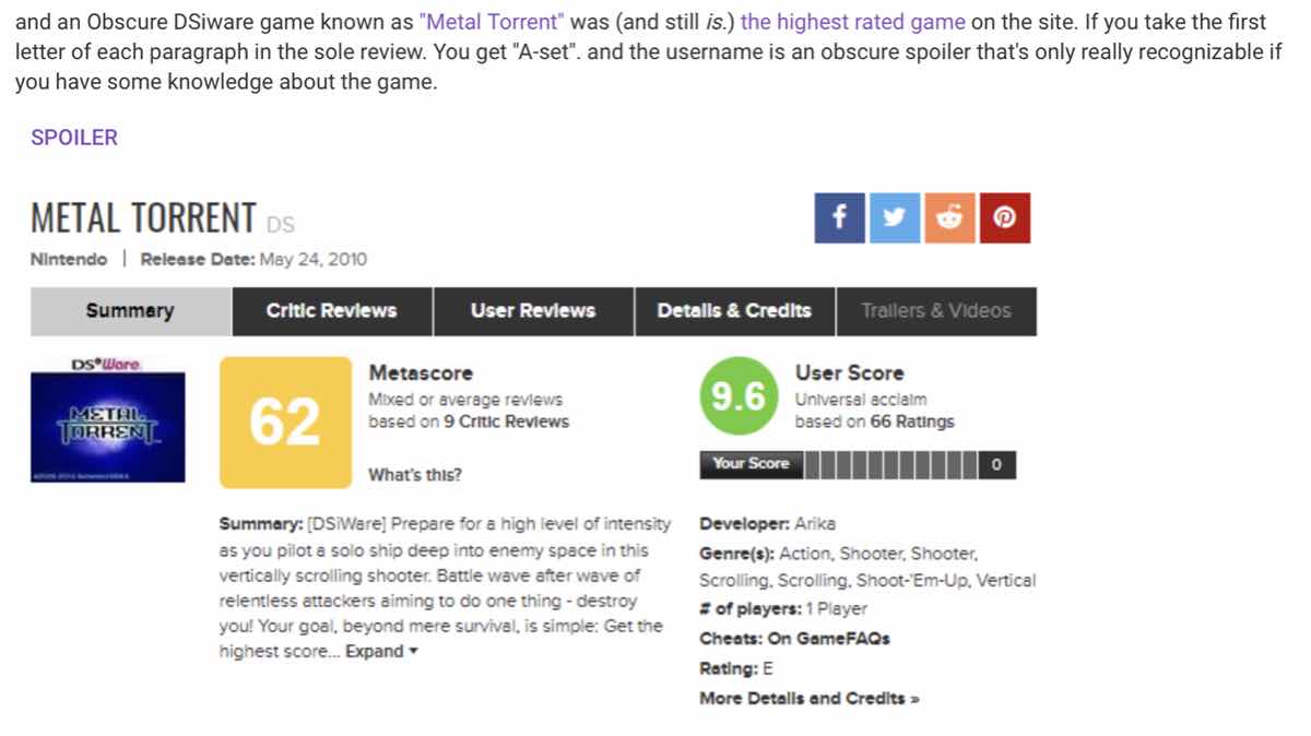 The ResetEra member described how the User Score for Metal Torrent had been boosted and that the reviews contained a reference to AI: The Somnium Files