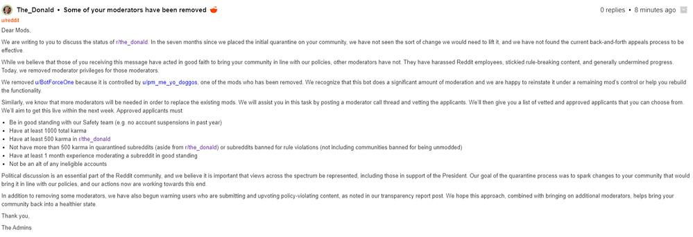 Reddit admins told The Donald that some of its moderators had been removed for not “acting in good faith”