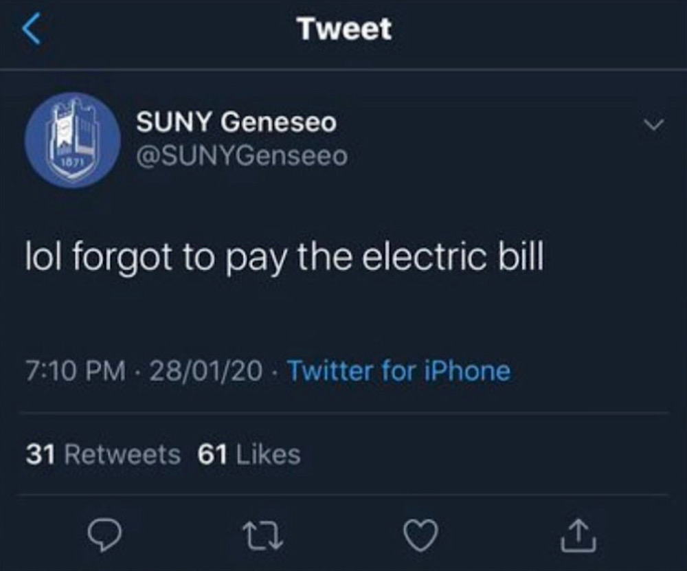 One of the tweets that was deleted from the @SUNYGenseeo parody account