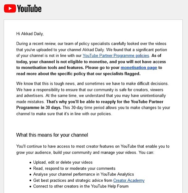 YouTube told Benjamin that “a significant portion of your channel is not in line with our YouTube Partner Programme policies” (Twitter- @WarPlanPurple)