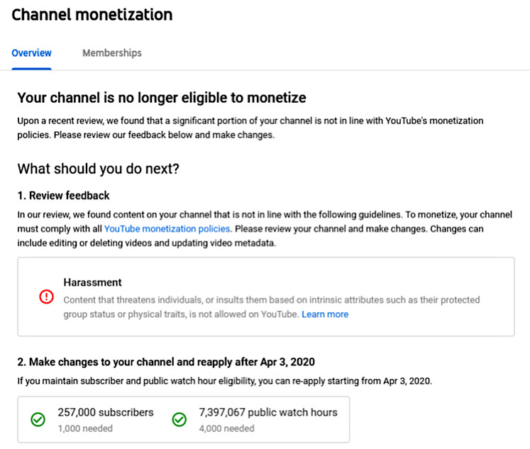 YouTube told Benjamin that the channel was demonetized for “harassment” but didn't specify which videos it had flagged as harassment (Twitter- @WarPlanPurple)