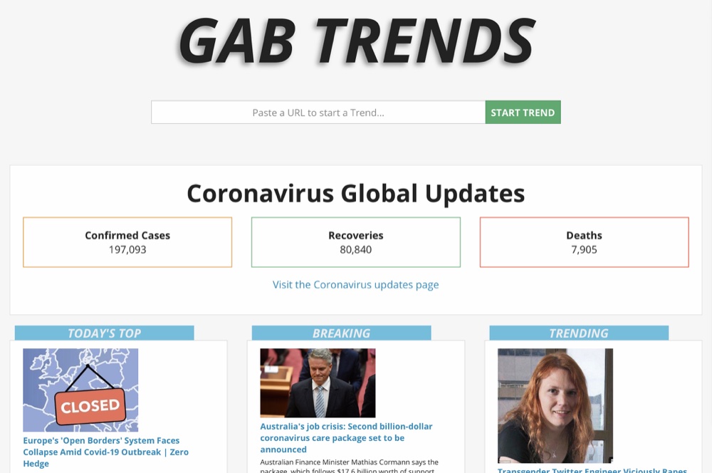 The Coronavirus Global Updates section on the Gab Trends homepage provides an overview of coronavirus statistics