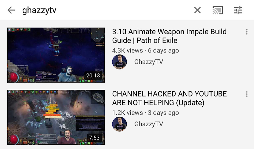 GhazzyTV’s videos are visible in YouTube search