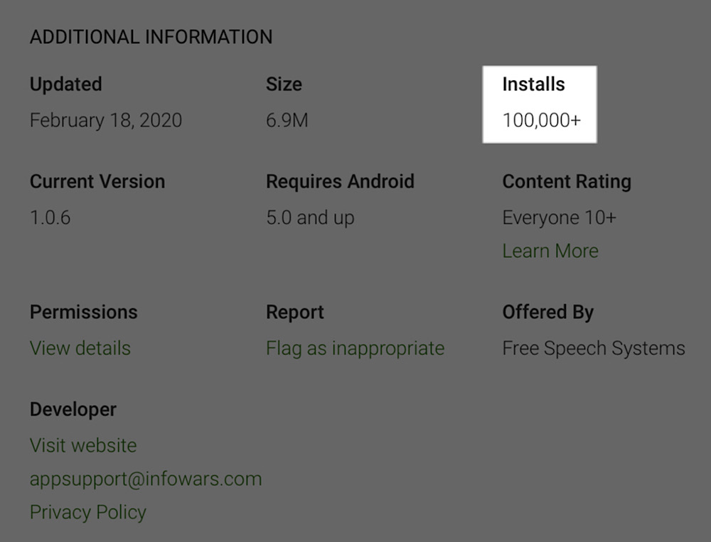 The Infowars Official Android app had been downloaded over 100,000 times in the Google Play Store