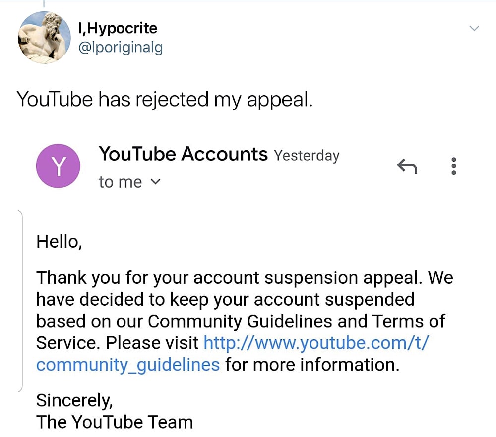 YouTube told I,Hypocrite that his account suspension appeal had been rejected