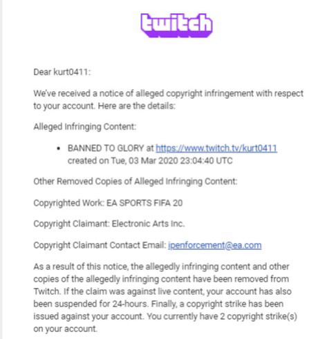 Kurt’s account was banned for 24 hours after an EA copyright claim on his FIFA stream (Twitter - @Kurt0411Fifa)