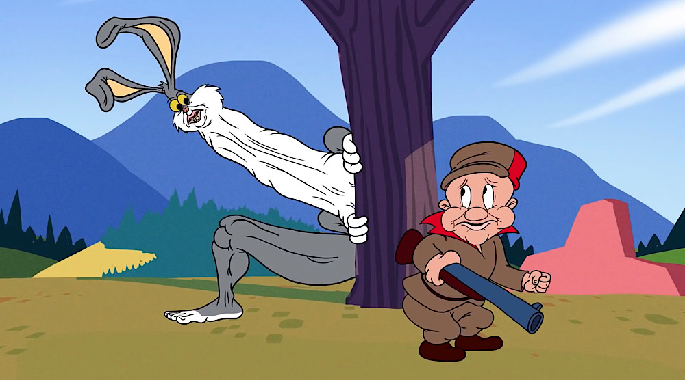 The Wabbit Season parody cartoon features a washed-out version of Bugs Bunny preying on a character resembling Elmer Fudd