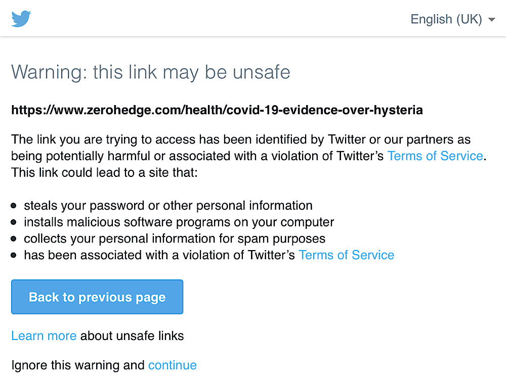 Some links to coronavirus content are being hidden behind a warning notice on Twitter