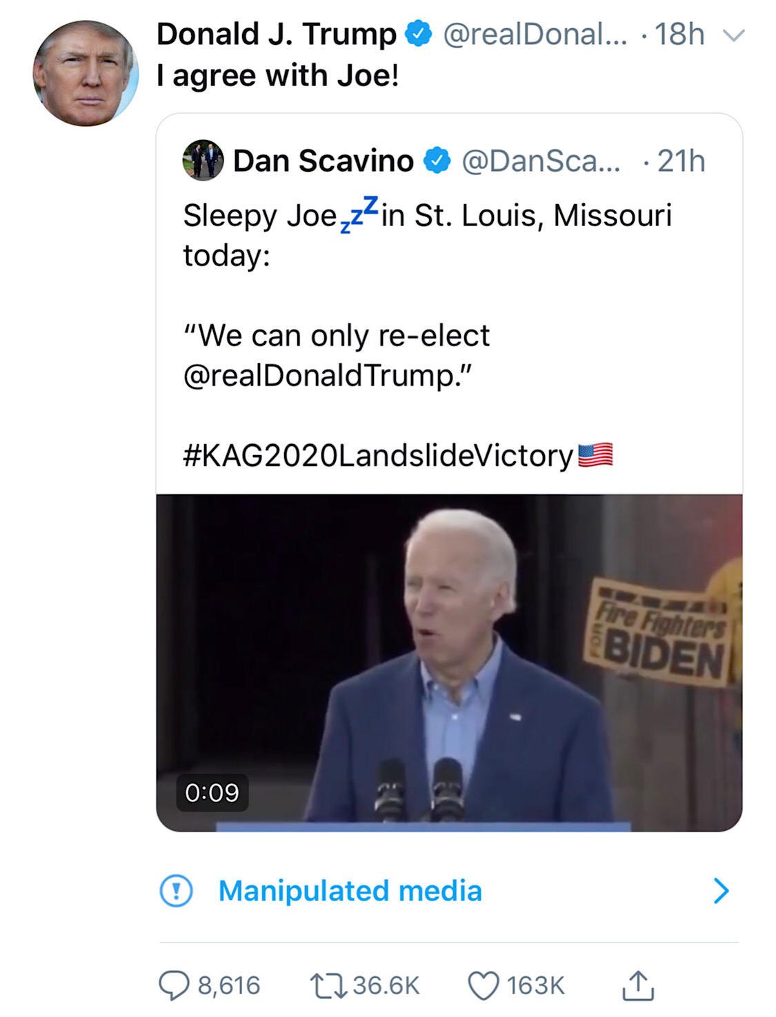 Twitter’s “Manipulated media” label appeared for the first time on a video clip of 2020 presidential candidate Joe Biden that was shared by President Trump