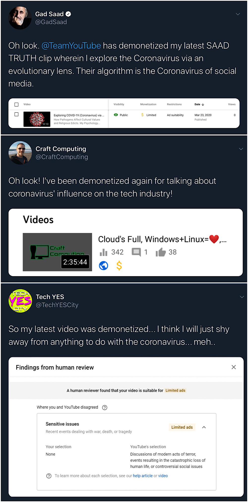 In addition to reduced CPMs, many YouTuber’s videos are being demonetized for mentioning the coronavirus (Twitter - @GadSaad, @CraftComputing, and @TechYESCity)