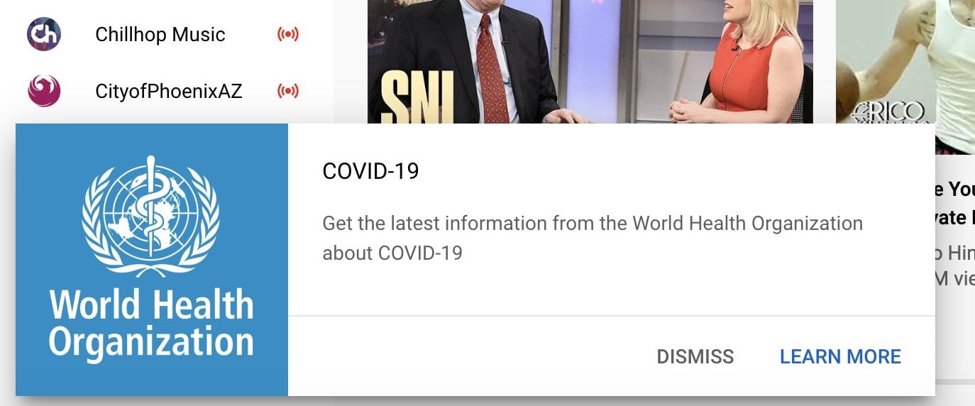 YouTube is showing a WHO coronavirus desktop notifications to US users