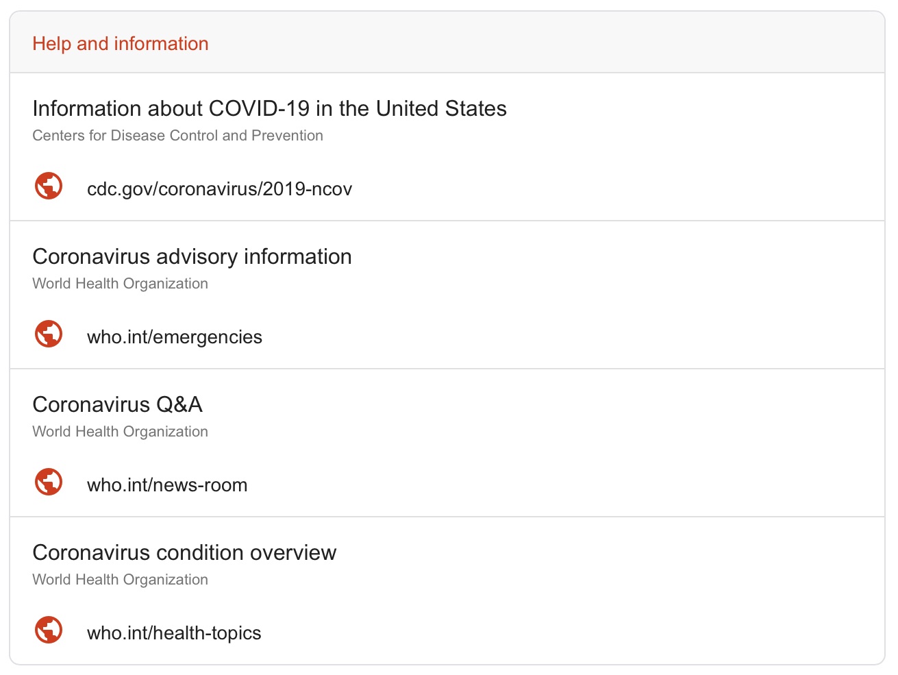 The Google Search SOS Alert links to “help and information” from the CDC and WHO