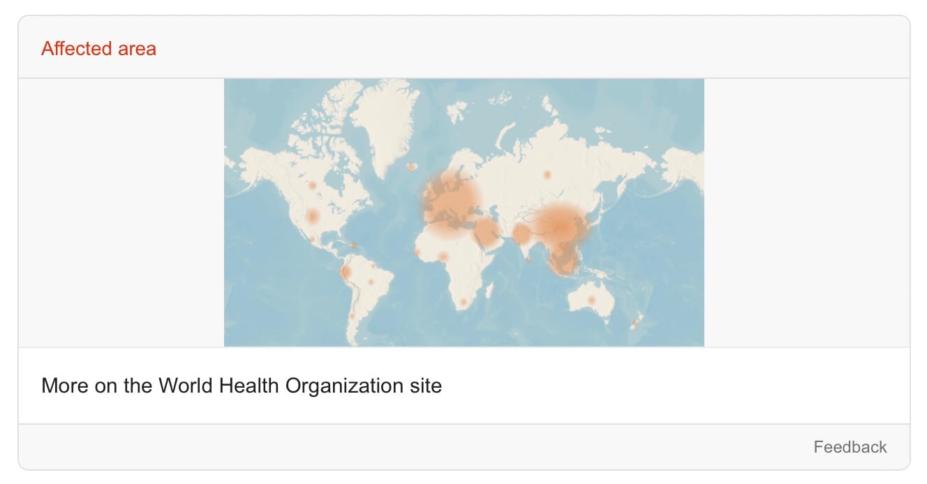 The Google Search SOS Alert shows a coronavirus “affected area” map from the WHO