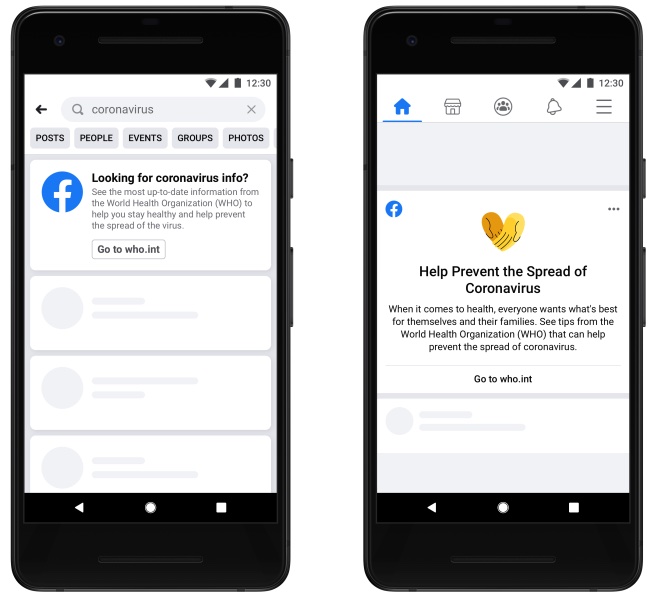 Facebook places prompts that link to the WHO at the top of its coronavirus search results