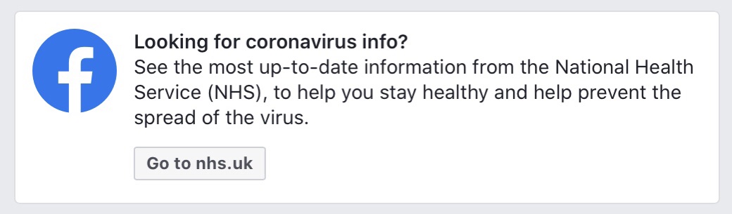 Facebook places prompts that link to the NHS at the top of its UK coronavirus search results