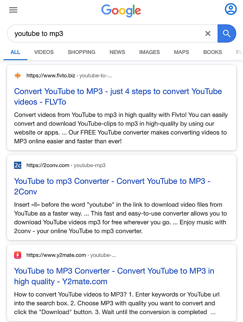flvto.biz, 2conv.com, and y2mate.com are still topping the Google Search results for “youtube to mp3”