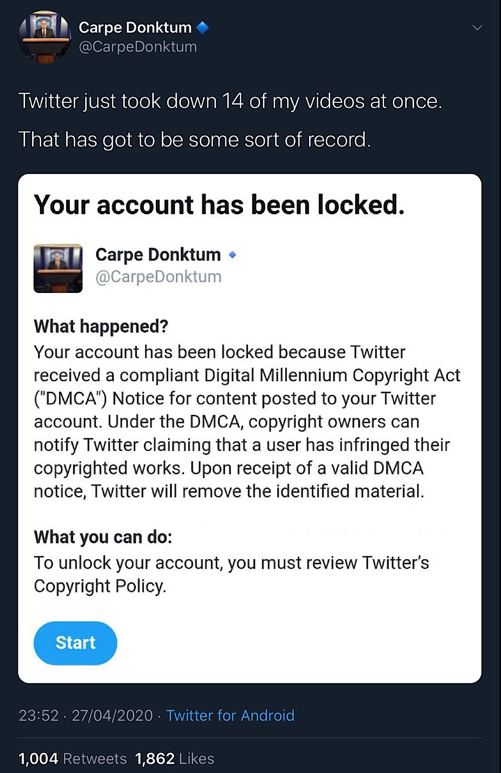 Carpe Donktum had his Twitter account locked and 14 memes removed after the account was hit with a wave of DMCA notices (Twitter - CarpeDonktum)