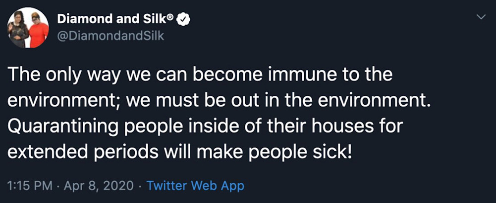 Twitter locked Diamond and Silk’s account and forced them to delete this tweet which it said violates the rules around coronavirus misinformation (Twitter - @DiamondandSilk)