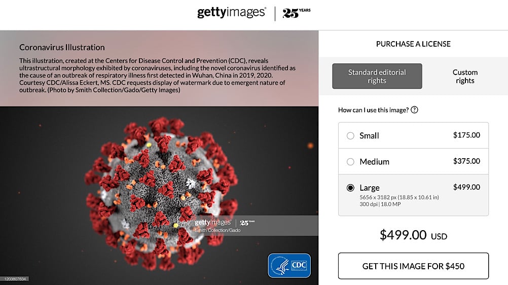 Getty Images is charging $499 to license a version of this public domain coronavirus image which contains the CDC logo