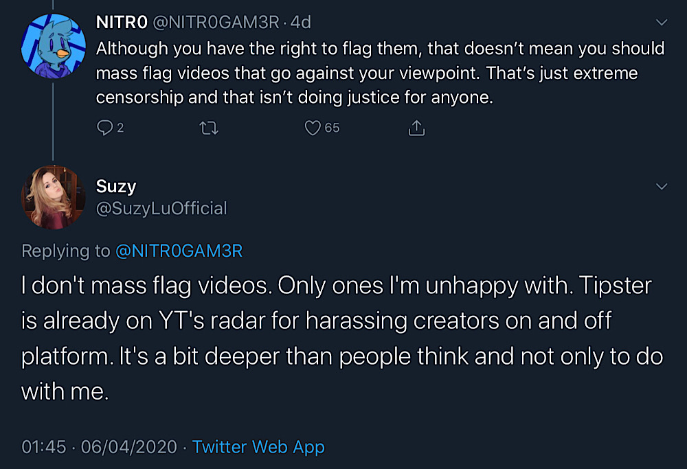 Suzy Lu admitted that she flags videos she's “unhappy with” (Twitter - <a href="https://twitter.com/nitr0gam3r/status/1246961647425552384">@NITR0GAM3R</a>, <a href="https://twitter.com/suzyluofficial/status/1246962134690512901">@SuzyLuOfficial</a>)