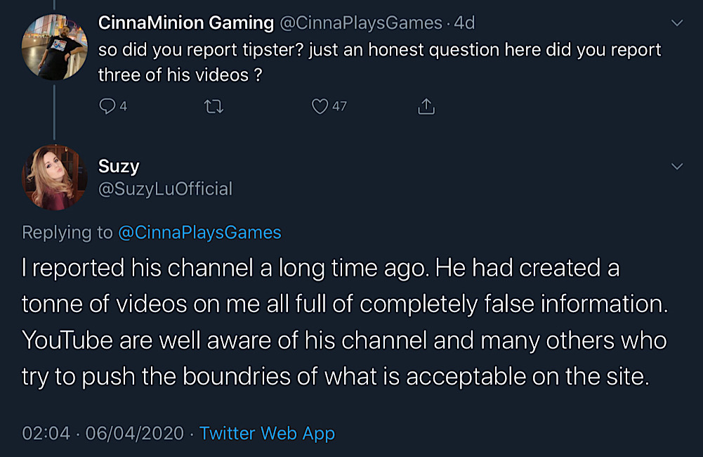 Suzy Lu admitted that she’s previously reported the Tipster News channel (Twitter - <a href="https://twitter.com/cinnaplaysgames/status/1246962188520169472">@CinnaPlaysGames</a>, <a href="https://twitter.com/suzyluofficial/status/1246967053644431363">@SuzyLuOfficial</a>)