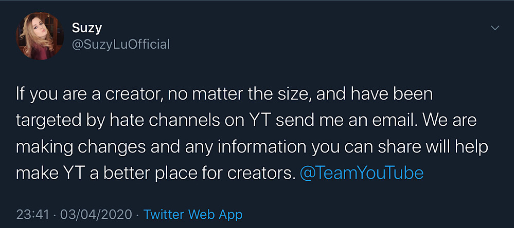 Suzy Lu suggested changes that target what she deems to be hate channels are coming to YouTube (Twitter - @SuzyLuOfficial)