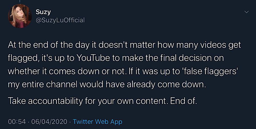 Suzy Lu claimed that “it doesn't matter how many videos get flagged” because YouTube makes the final decision (Twitter - <a href="https://twitter.com/suzyluofficial/status/1246949426834345987">@SuzyLuOfficial</a>)