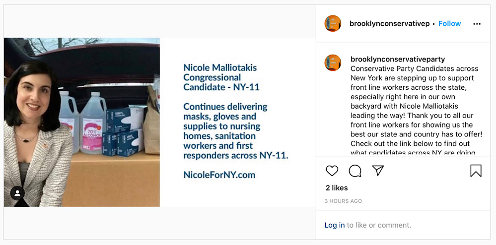 This April 7 Instagram post contains a photoshopped image with Nicole Malliotakis superimposed in front of some supplies and a text overlay suggesting that she was delivering the supplies across NY-11 (Instagram - @brooklynconservativeparty)