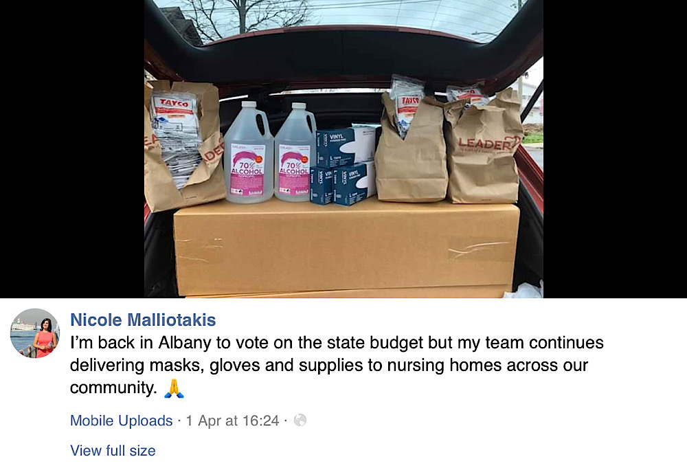 This April 1 Facebook post contains the original photo of supplies and states that Nicole Malliotakis was in Albany while her team was handing out supplies across the community (Facebook - Nicole Malliotakis)