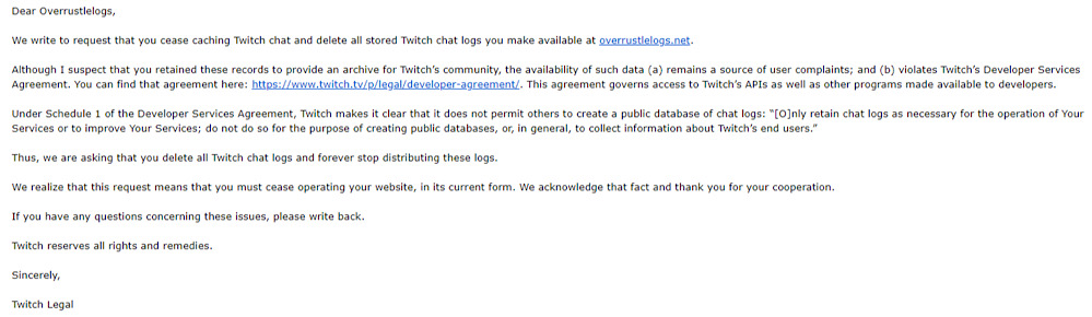 OverRustle Logs’ takedown request from Twitch Legal