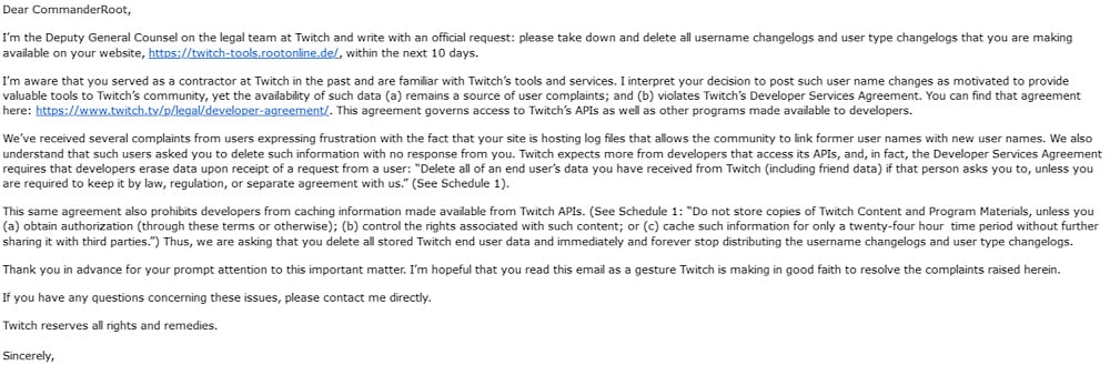 CommanderRoot’s changelog tool takedown request from Twitch Legal