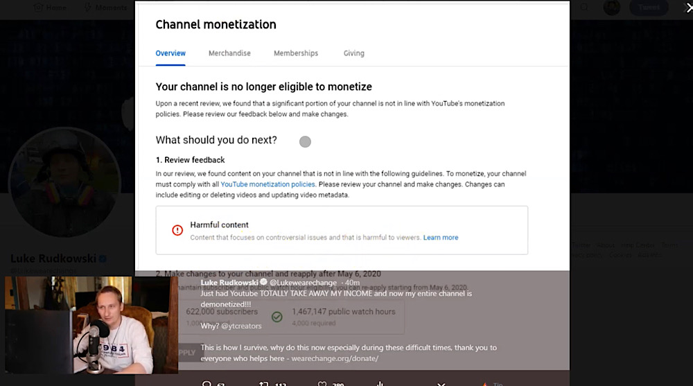 Several independent creators including news outlet We Are Change have been impacted by YouTube content moderation policies this week (YouTube - We Are Change)
