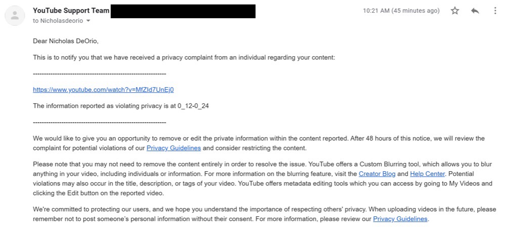 Nicholas DeOrio’s first privacy complaint was for showing a thumbnail from John Swan’s public YouTube video that was critical of Suzy Lu (Twitter - @Nicholas_DeOrio)