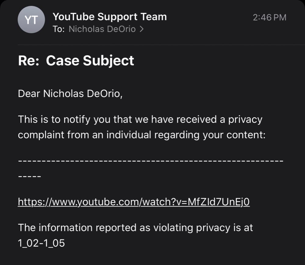 Nicholas DeOrio second privacy complaint was for showing footage from a public David Hinkle YouTube video (Twitter - @Nicholas_DeOrio)