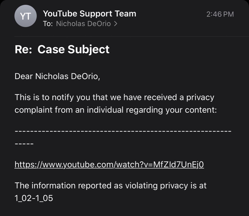 Nicholas DeOrio second privacy complaint was for showing footage from a public David Hinkle YouTube video (Twitter - @Nicholas_DeOrio)