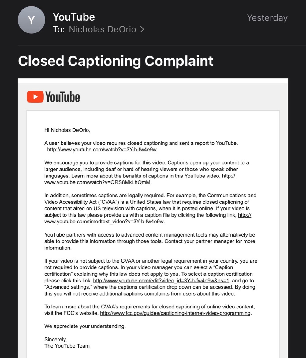 The second closed captioning complaint was sent to Nicholas DeOrio on April 14 (Twitter - @Nicholas_DeOrio)