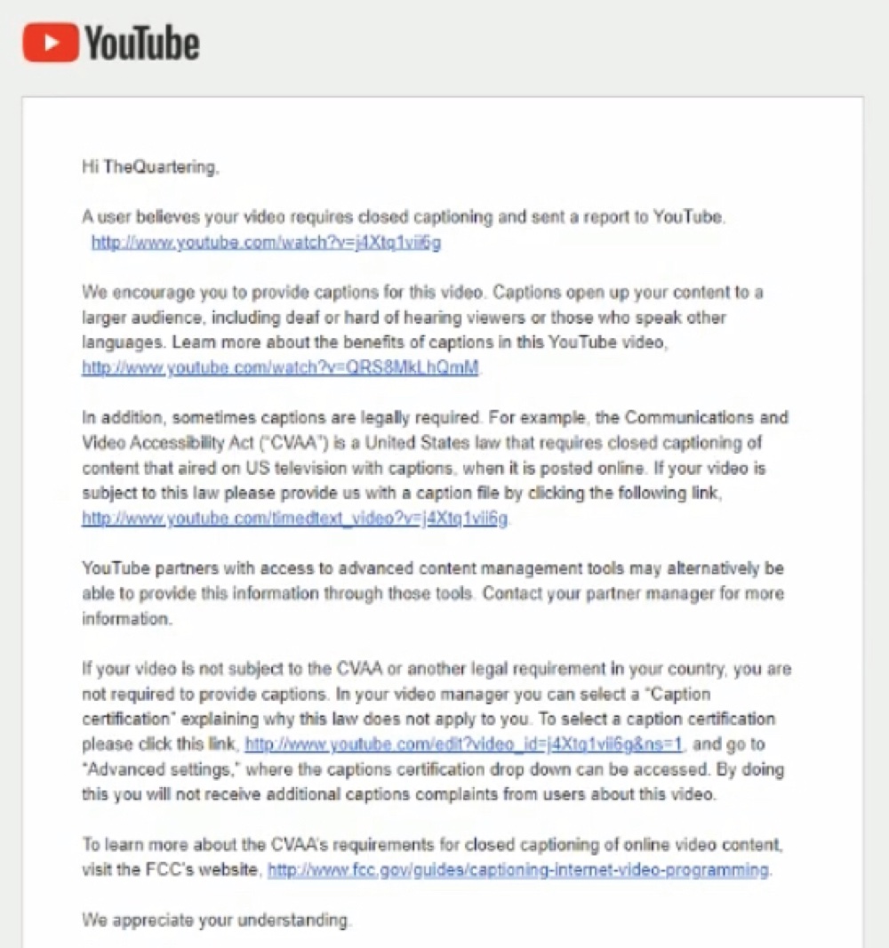 TheQuartering was sent a closed captioning complaint on several of his videos about Suzy Lu (YouTube - TheQuartering)