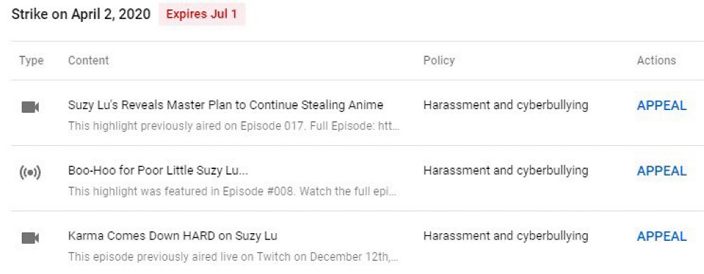 The Tipster News channel was hit with a strike and three of its Suzy Lu videos were removed (Twitter - @Nicholas_DeOrio)