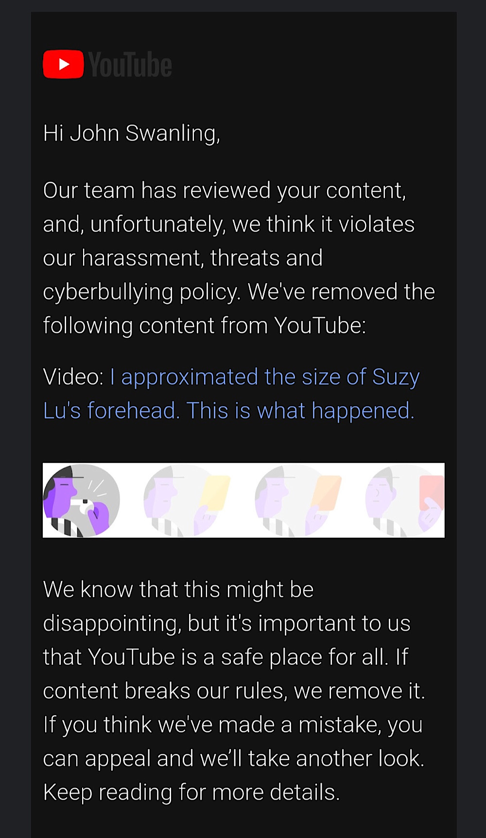 John Swan’s satirical video about Suzy Lu’s forehead was flagged and removed (Twitter - @JohnSwanYT)