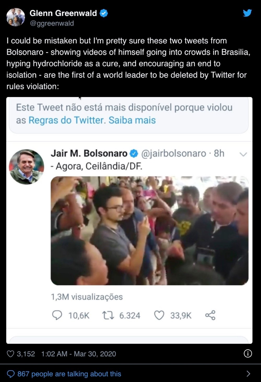 Twitter removed several tweets from President Jair Bolsonaro including a tweet where he encouraged the country to end coronavirus lockdowns (Twitter - @ggreenwald and @jairbolsonaro)