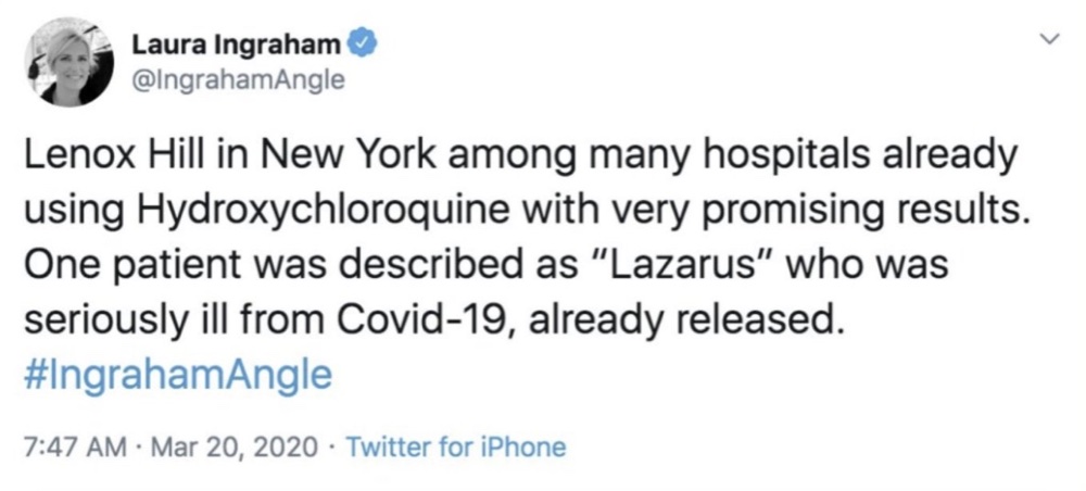 Twitter removed this tweet from Laura Ingraham where she wrote hydroxychloroquine had “very promising results” (Twitter - @IngrahamAngle)