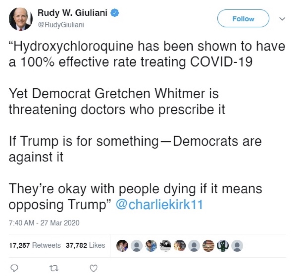 Twitter removed this tweet from Rudy Giuliani where he quoted conservative activist Charlie Kirk discussing hydroxychloroquine as a potential coronavirus treatment (Twitter - @RudyGiuliani)