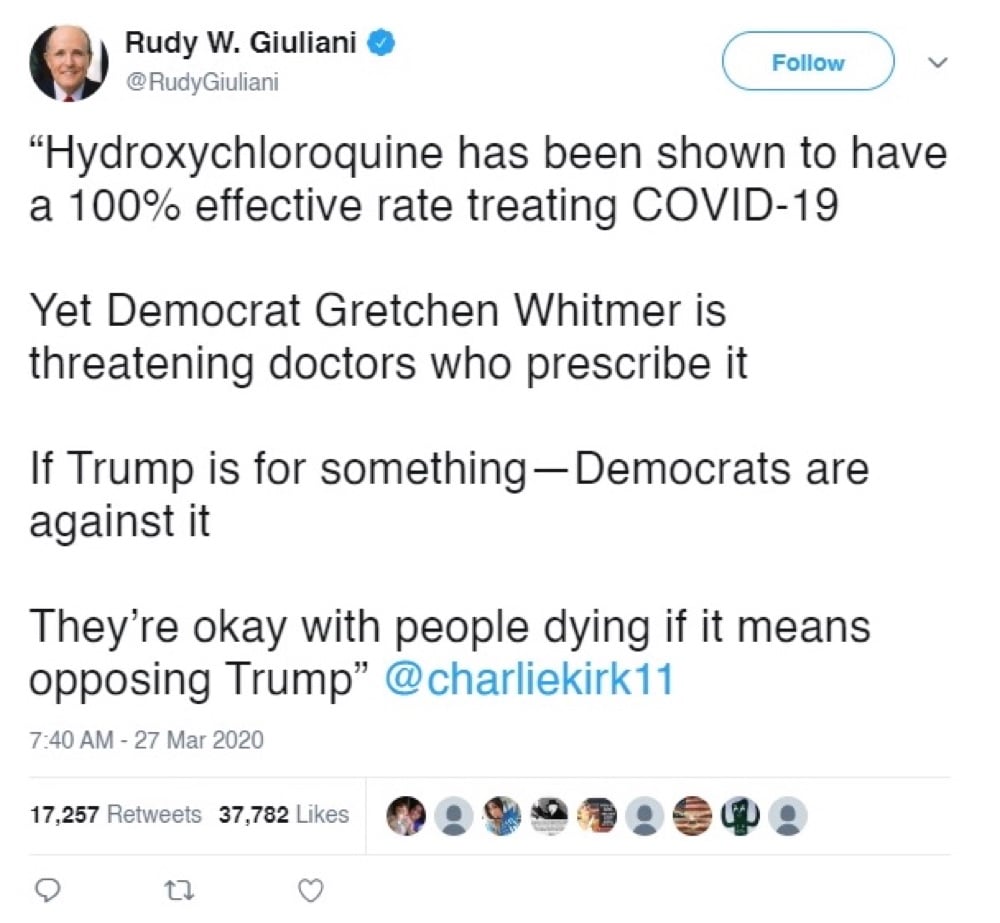 Twitter removed this tweet from Rudy Giuliani where he quoted conservative activist Charlie Kirk discussing hydroxychloroquine as a potential coronavirus treatment (Twitter - @RudyGiuliani)