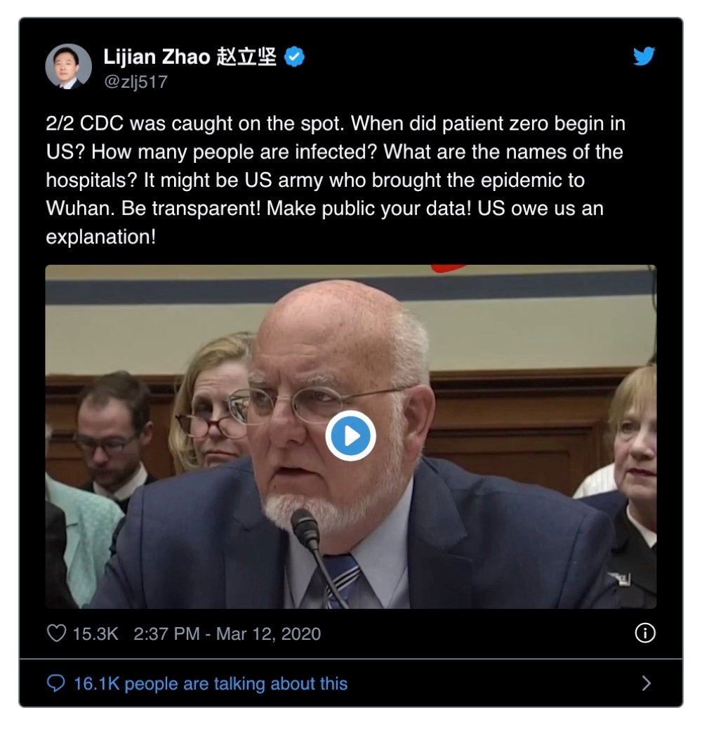 Twitter has taken no action against this tweet from Chinese government official Lijian Zhao which claims “it might be US army who brought the epidemic to Wuhan” (Twitter - @zlj517)
