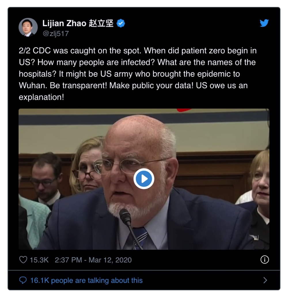 Twitter has taken no action against this tweet from Chinese government official Lijian Zhao which claims “it might be US army who brought the epidemic to Wuhan” (Twitter - @zlj517)